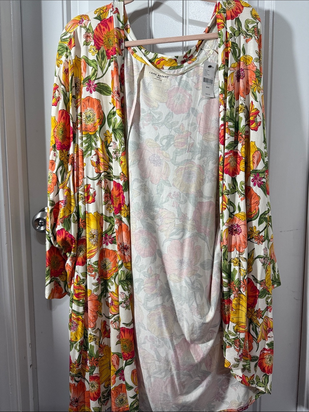 Lane Bryant Cream Floral Duster in Yellow, Orange, Green, Pink
